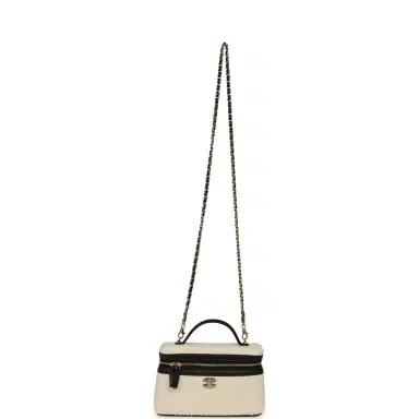 Chanel Chanel Coco Beach Top Handle Long Vanity Case with Chain Ecru Tweed and Black Calfskin Gold Hardware | Thumbnail 7