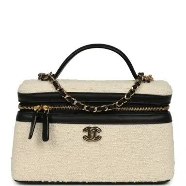 Chanel Chanel Coco Beach Top Handle Long Vanity Case with Chain Ecru Tweed and Black Calfskin Gold Hardware | Thumbnail 1