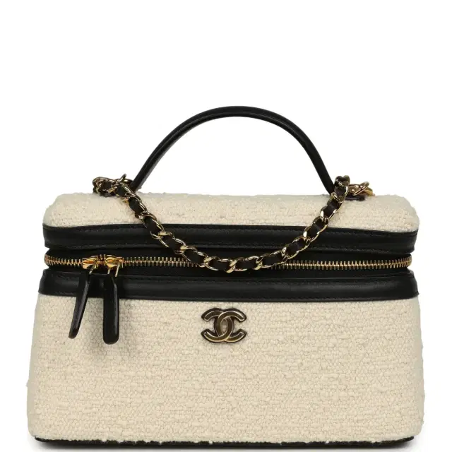 Chanel Chanel Coco Beach Top Handle Long Vanity Case with Chain Ecru Tweed and Black Calfskin Gold Hardware