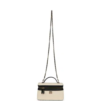 Chanel Chanel Coco Beach Top Handle Long Vanity Case with Chain Ecru Tweed and Black Calfskin Gold Hardware | Thumbnail 7 Chanel Chanel Coco Beach Top Handle Long Vanity Case with Chain Ecru Tweed and Black Calfskin Gold Hardware | Thumbnail 7