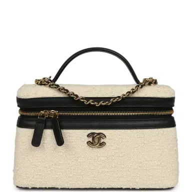 Chanel Chanel Coco Beach Top Handle Long Vanity Case with Chain Ecru Tweed and Black Calfskin Gold Hardware | Thumbnail 1 Chanel Chanel Coco Beach Top Handle Long Vanity Case with Chain Ecru Tweed and Black Calfskin Gold Hardware | Thumbnail 1