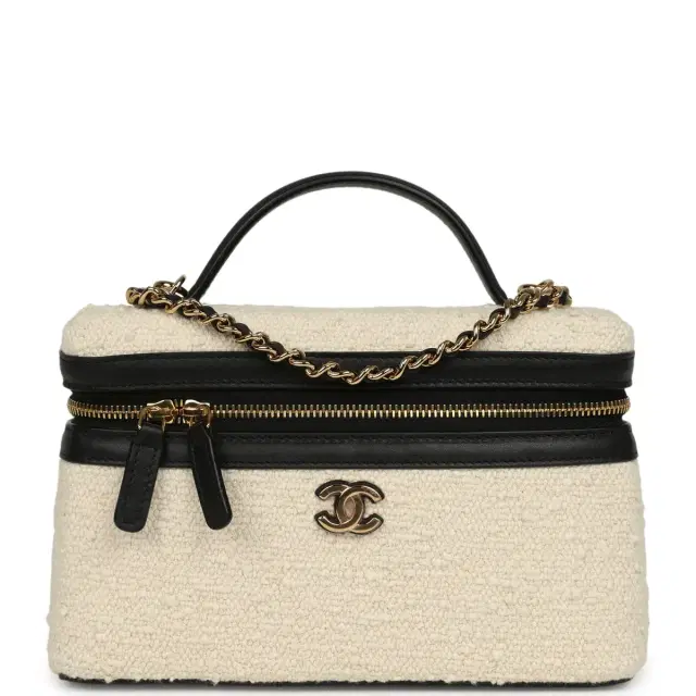 Chanel Chanel Coco Beach Top Handle Long Vanity Case with Chain Ecru Tweed and Black Calfskin Gold Hardware