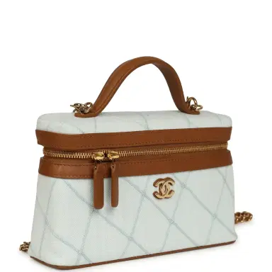 Chanel Chanel Coco Beach Top Handle Long Vanity Case with Chain Light Blue Denim and Brown Calfskin Gold Hardware | Thumbnail 2