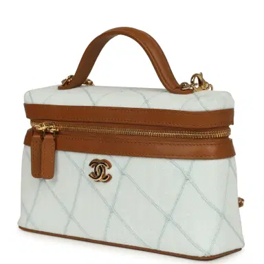 Chanel Chanel Coco Beach Top Handle Long Vanity Case with Chain Light Blue Denim and Brown Calfskin Gold Hardware | Thumbnail 5
