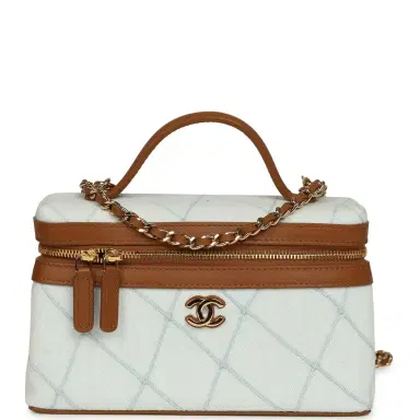 Chanel Chanel Coco Beach Top Handle Long Vanity Case with Chain Light Blue Denim and Brown Calfskin Gold Hardware | Thumbnail 1