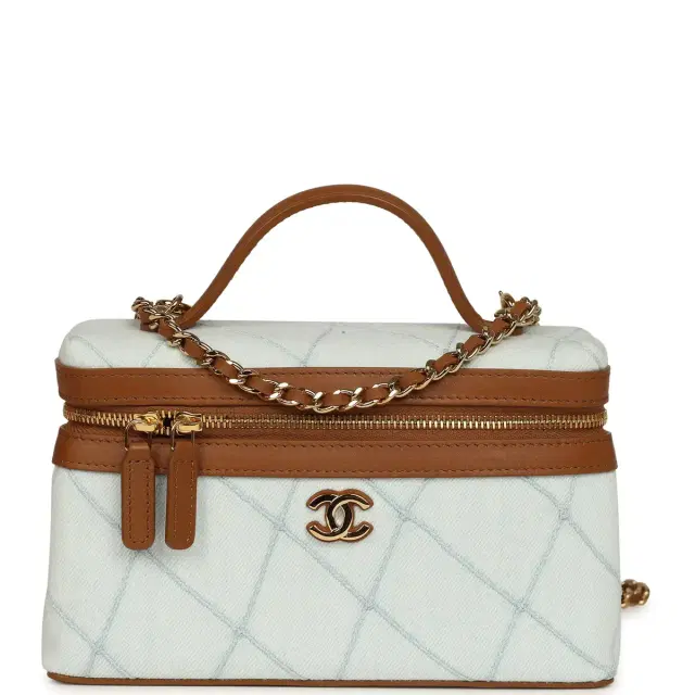 Chanel Coco Beach Top Handle Long Vanity Case with Chain Light Blue Denim and Brown Calfskin Gold Hardware