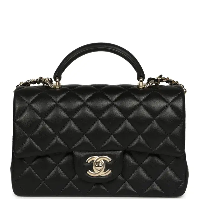 Chanel Mini Rectangular Top Handle Flap Bag Black Lambskin Light Gold Hardware