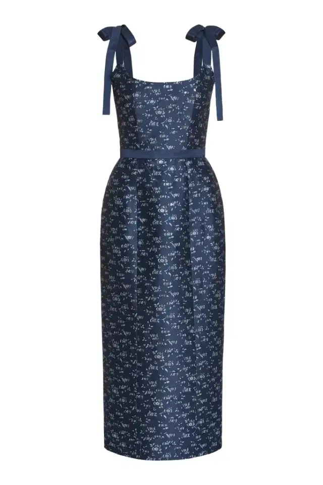 Markarian Acacia Navy Floral Brocade Corset Midi Dress
