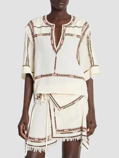 Isabel Marant Women's Fiosa Silk Printed-Trim Blouse - Ecru | Thumbnail 3 Isabel Marant Women's Fiosa Silk Printed-Trim Blouse - Ecru | Thumbnail 3