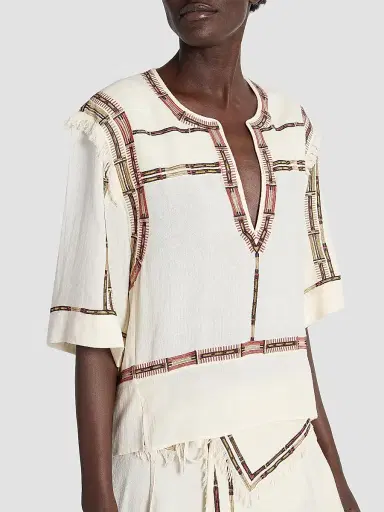 Isabel Marant Women's Fiosa Silk Printed-Trim Blouse - Ecru | Thumbnail 6 Isabel Marant Women's Fiosa Silk Printed-Trim Blouse - Ecru | Thumbnail 6