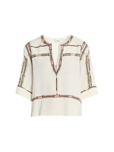 Isabel Marant Women's Fiosa Silk Printed-Trim Blouse - Ecru | Thumbnail 1 Isabel Marant Women's Fiosa Silk Printed-Trim Blouse - Ecru | Thumbnail 1