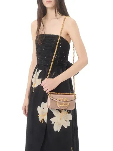 Valentino Garavani Women's Locò Shoulder Bag in Laminated Calfskin with Jewel Logo - Rose Cannelle | Thumbnail 3