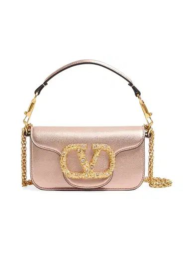 Valentino Garavani Women's Locò Shoulder Bag in Laminated Calfskin with Jewel Logo - Rose Cannelle | Thumbnail 1