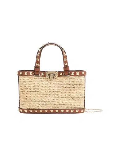 Valentino Garavani Women's Mini Rockstud Top Handle Bag in Raffia - Natural | Thumbnail 1 Valentino Garavani Women's Mini Rockstud Top Handle Bag in Raffia - Natural | Thumbnail 1