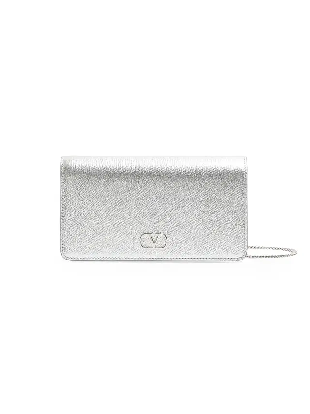 Women's VLogo Signature Mini Shoulder Bag in Laminated Grainy Calfskin - Silver