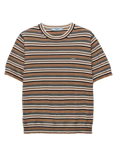 Prada Women's Short-Sleeved Striped Jersey T-Shirt - Brown Multi - Size 10 | Thumbnail 1 Prada Women's Short-Sleeved Striped Jersey T-Shirt - Brown Multi - Size 10 | Thumbnail 1