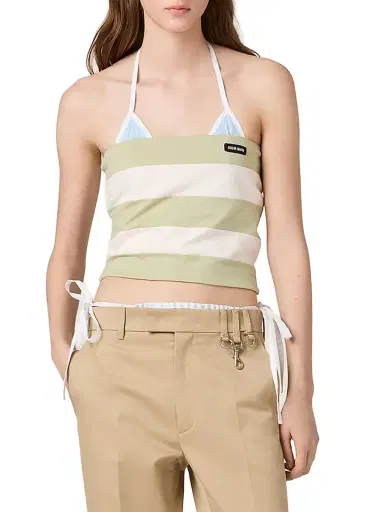 Miu Miu Women's Striped Jersey Top - Green Multi - Size Large | Thumbnail 3