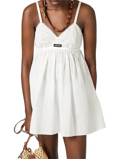 Miu Miu Women's Slubbed Poplin and Eyelet Lace Mini-Dress - White | Thumbnail 4