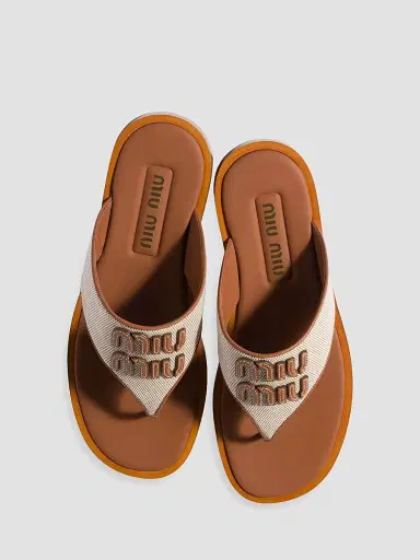 Miu Miu Women's Canvas and Leather Thong Sandals - Beige Khaki - Size 10 | Thumbnail 2 Miu Miu Women's Canvas and Leather Thong Sandals - Beige Khaki - Size 10 | Thumbnail 2