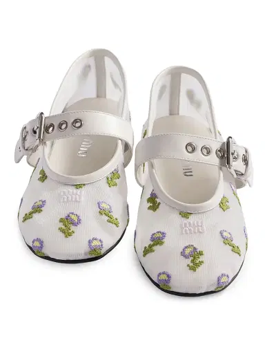 Miu Miu Women's Embroidered Mesh Ballerinas - White - Size 5.5 | Thumbnail 3