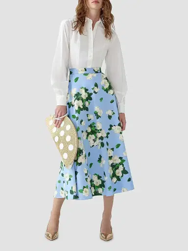 Carolina Herrera Women's Cabana Floral Half Circle Cotton-Blend Midi-Skirt - Cloudy Blue Multi | Thumbnail 2