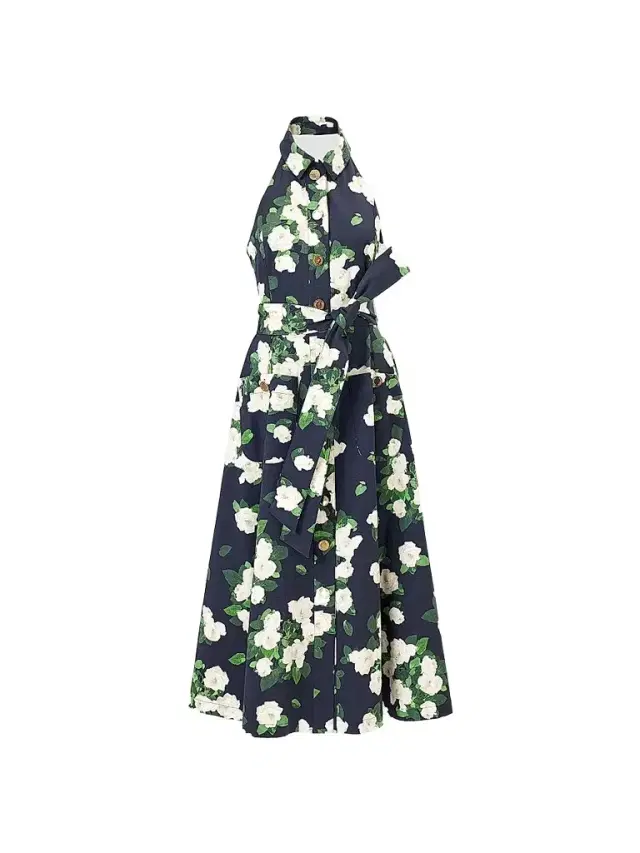 Carolina Herrera Women's Cabana Floral Halterneck Button-Front Cotton-Blend Midi-Dress - Midnight Multi