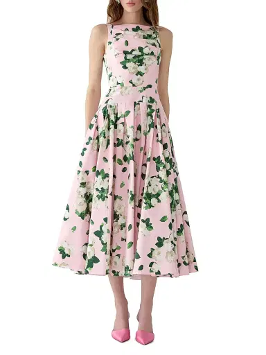 Carolina Herrera Women's Cabana Floral Drop-Waist Thin-Strap Stretch-Cotton Midi-Dress - Rosewater Multi | Thumbnail 2