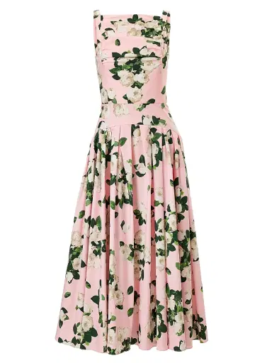 Carolina Herrera Women's Cabana Floral Drop-Waist Thin-Strap Stretch-Cotton Midi-Dress - Rosewater Multi | Thumbnail 1