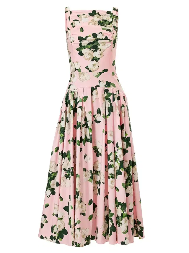 Carolina Herrera Women's Cabana Floral Drop-Waist Thin-Strap Stretch-Cotton Midi-Dress - Rosewater Multi