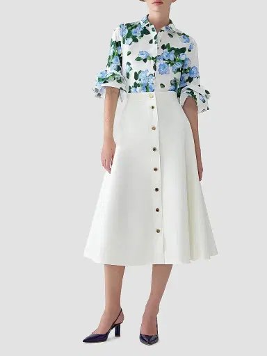 Carolina Herrera Women's Cabana Floral Ruffle-Sleeve Stretch-Cotton Top - White Multi - Size 12 | Thumbnail 2