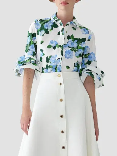 Carolina Herrera Women's Cabana Floral Ruffle-Sleeve Stretch-Cotton Top - White Multi - Size 12 | Thumbnail 3