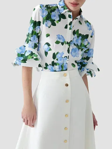 Carolina Herrera Women's Cabana Floral Ruffle-Sleeve Stretch-Cotton Top - White Multi - Size 12 | Thumbnail 4