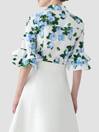 Carolina Herrera Women's Cabana Floral Ruffle-Sleeve Stretch-Cotton Top - White Multi - Size 12 | Thumbnail 5