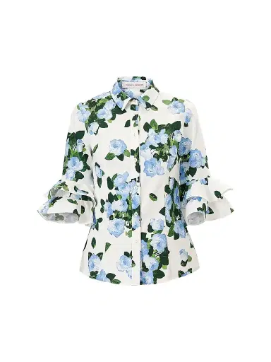 Carolina Herrera Women's Cabana Floral Ruffle-Sleeve Stretch-Cotton Top - White Multi - Size 12 | Thumbnail 1