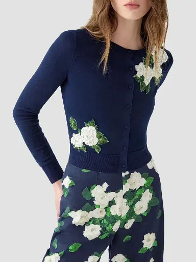 Carolina Herrera Women's Cabana Embroidered Crewneck Silk-Cotton Long-Sleeve Cardigan | Thumbnail 4