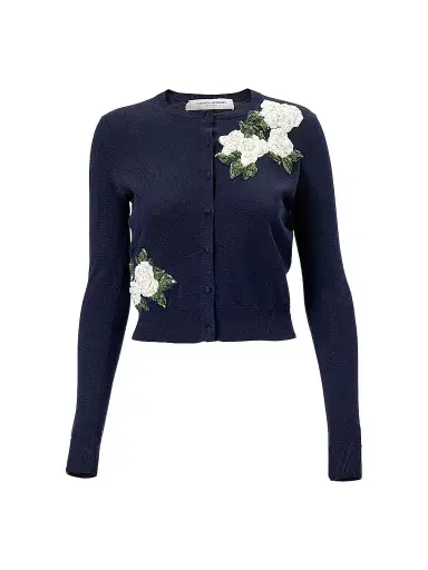 Carolina Herrera Women's Cabana Embroidered Crewneck Silk-Cotton Long-Sleeve Cardigan | Thumbnail 1