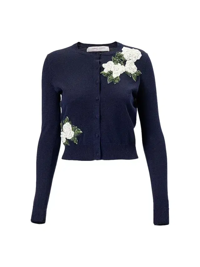 Carolina Herrera Women's Cabana Embroidered Crewneck Silk-Cotton Long-Sleeve Cardigan - Midnight