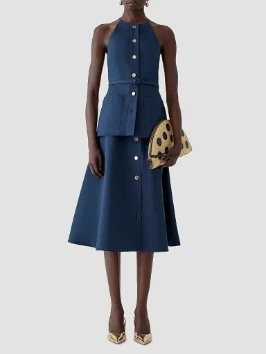 Carolina Herrera Women's Cabana Button-Front Stretch-Cotton Midi-Skirt - Midnight | Thumbnail 2