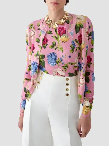 Carolina Herrera Women's Cabana Floral Crewneck Long-Sleeve Cardigan - Rosewater Multi | Thumbnail 3