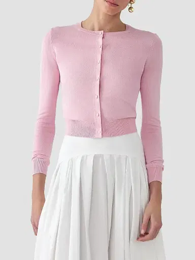 Carolina Herrera Women's Cabana Crewneck Silk-Cotton Long-Sleeve Cardigan - Rosewater | Thumbnail 3