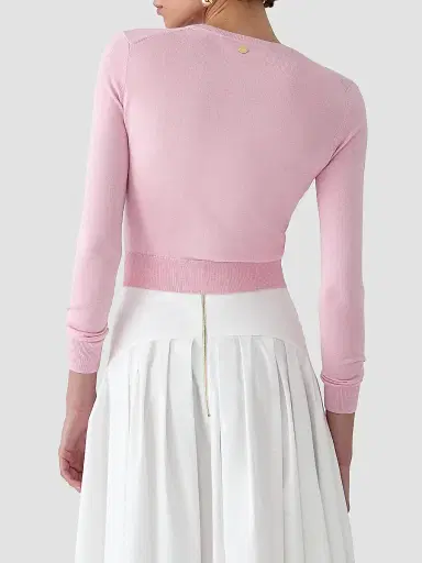 Carolina Herrera Women's Cabana Crewneck Silk-Cotton Long-Sleeve Cardigan - Rosewater | Thumbnail 4