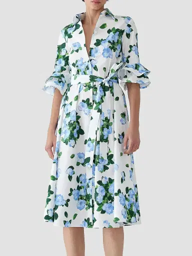 Carolina Herrera Women's Cabana Floral Belted Ruffle-Sleeve Shirtdress - White Multi | Thumbnail 2 Carolina Herrera Women's Cabana Floral Belted Ruffle-Sleeve Shirtdress - White Multi | Thumbnail 2