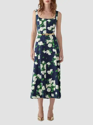 Carolina Herrera Women's Cabana Floral Squareneck Sleeveless Cotton-Blend Midi-Dress - Midnight Multi | Thumbnail 3