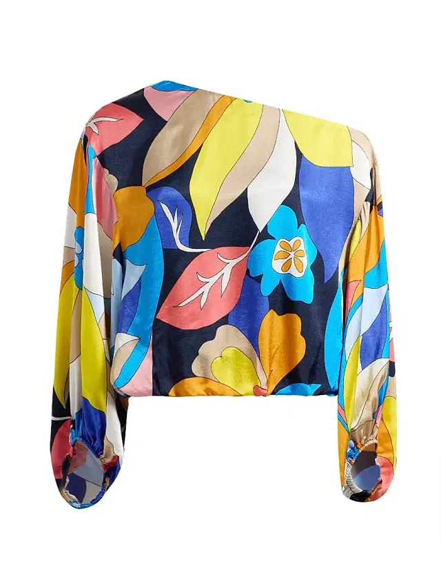 Ramy Brook Women's Hibiscus Marley Satin One-Shoulder Blouse - Navy Hibiscus