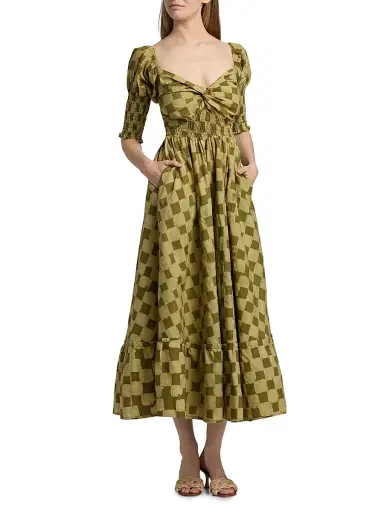 Elisamama Women's Siju Printed Midi-Dress - Olive Checkers - Size XL | Thumbnail 3 Elisamama Women's Siju Printed Midi-Dress - Olive Checkers - Size XL | Thumbnail 3