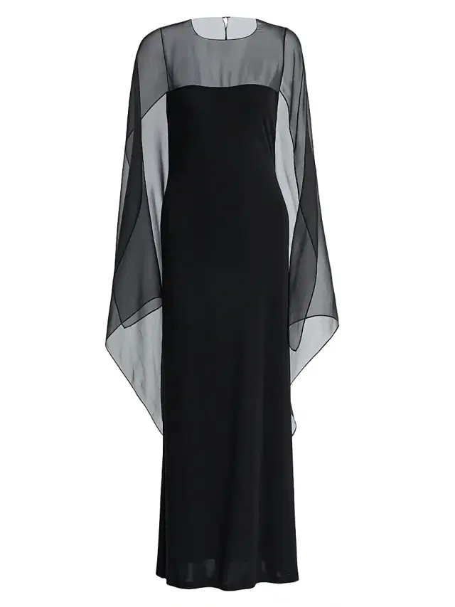Women's Georgette Cape Jersey Gown - Black