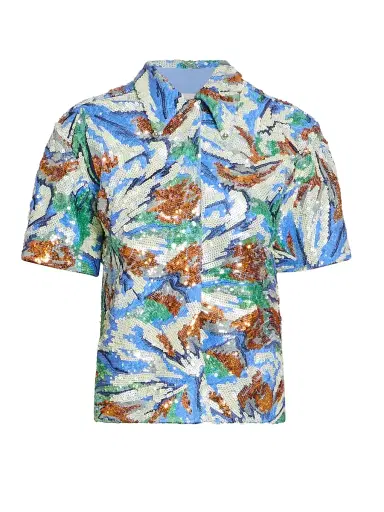 Rabanne Women's Sequined Abstract Floral Shirt - Abstract Flowers Blue Or | Thumbnail 1 Rabanne Women's Sequined Abstract Floral Shirt - Abstract Flowers Blue Or | Thumbnail 1