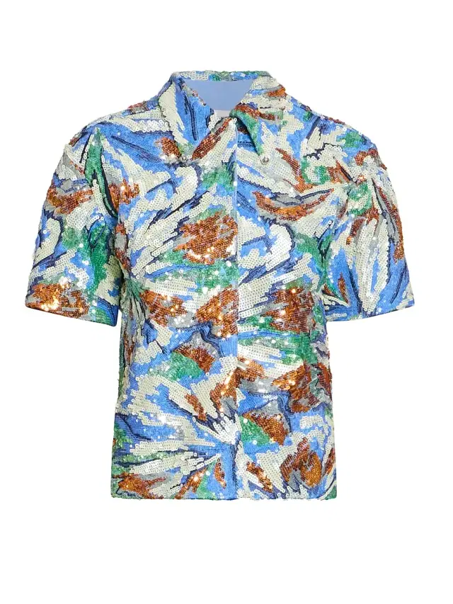 Rabanne Women's Sequined Abstract Floral Shirt - Abstract Flowers Blue Or
