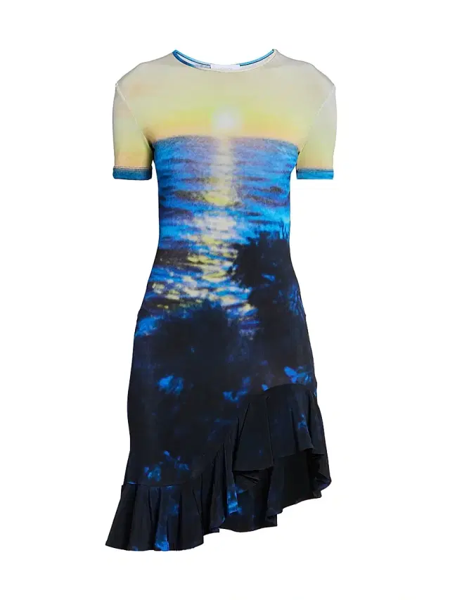 Rabanne Women's Sunset Print Asymmetric Minidress - Big Tornado Blue Yellow