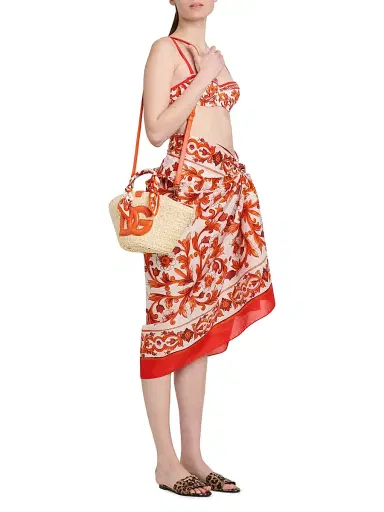 Dolce & Gabbana Women's Majolica Arancio-Print Straw Bucket Bag | Thumbnail 2